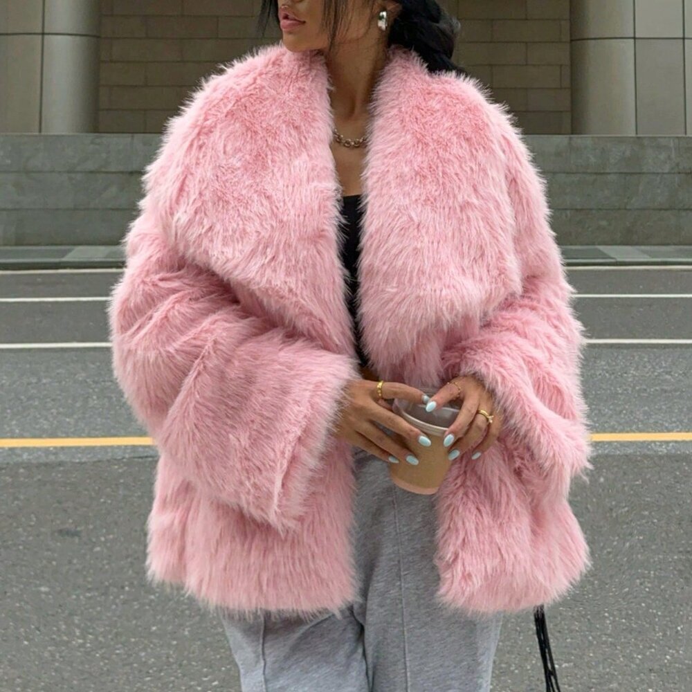 Red Casual Women's Fluffy Long Sleeve Jacket